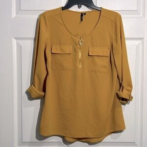 Cathy Women’s Medium Gold Blouse - Zip Accent Roll Tab Sleeves Pullover Top